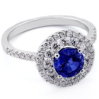 1.25 Round Cut Blue Gemstone Double Diamond Halo Engagement Ring Set in 18K White Gold